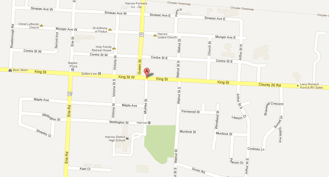 The intersection of King Street and McAfee Street  in Harrow as seen on Google Maps